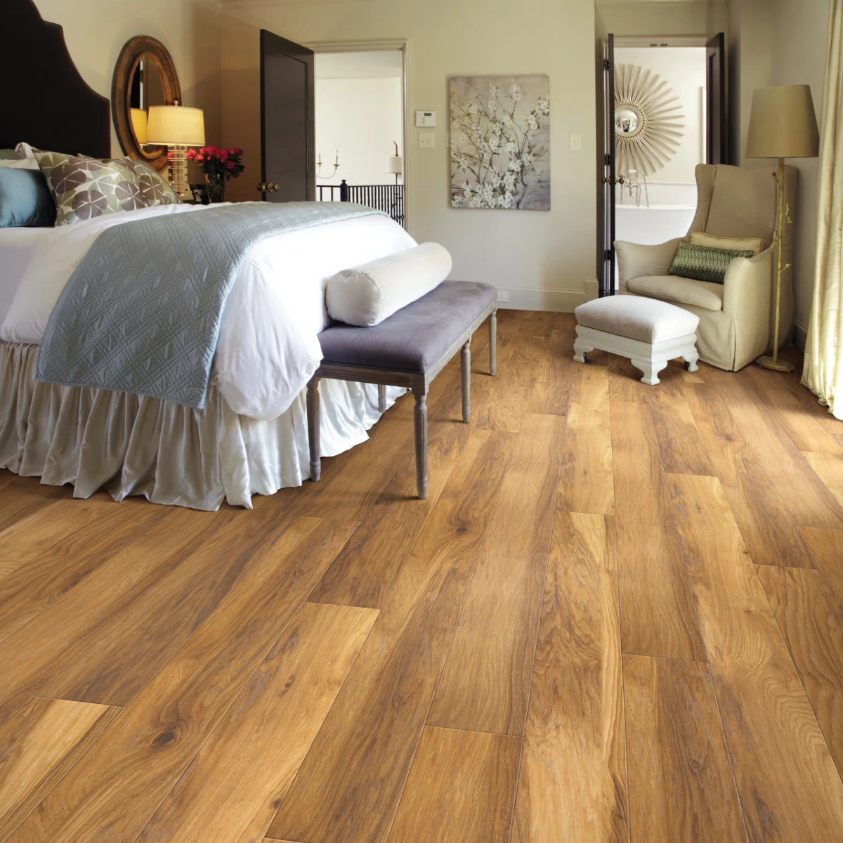 Natural hickory laminate flooring with modern 2026 styling for waterproof, pet-proof laminate flooring installation.